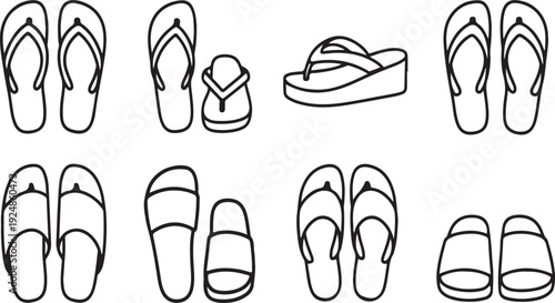 Variety of flip flops and sandals in black and white line art Vector