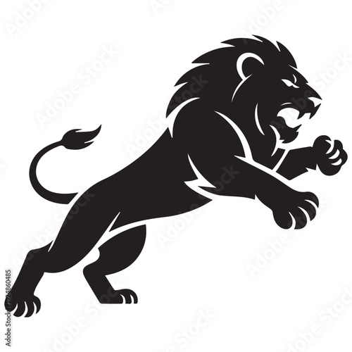 Powerful lion in dynamic aggressive stance with open mouth