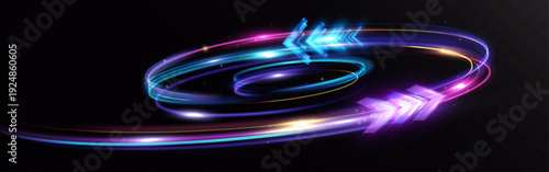 Abstract luminous arrows embedded in circular multicolored light trails, representing speed of light, continuous motion, energy flow and futuristic digital dynamics.

