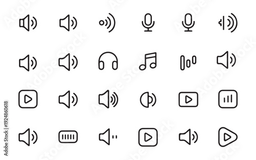 Audio Sound and Media Player Outline Icons Set - Volume Controls Music Playback