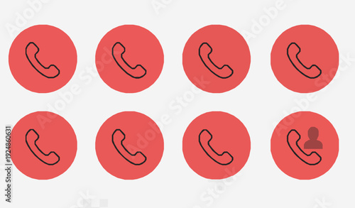 Minimal Phone Outline Icons with Red Call Button Vector Set