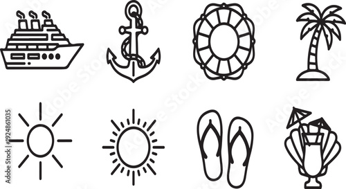 A collection of nine icons representing various beach and nautical elements. Vector