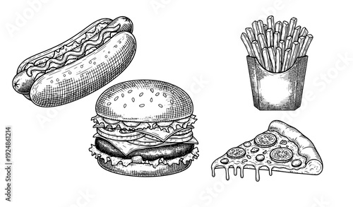 Vintage fast food line art hand drawn vector set