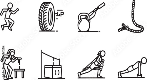 A variety of exercise equipment and activities for fitness and rehabilitation Vector