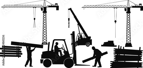 Tower Crane, Mobile Crane and Forklift Silhouettes with Construction Workers Handling Timber Isolated on White Background Vector Illustration