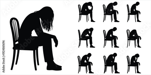 Silhouette of a distressed person sitting with head in hands and other figures in similar poses depressed