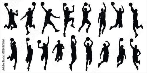 Silhouettes of basketball players in various dynamic jumping and shooting poses Keywords: basketball, player, silhouette