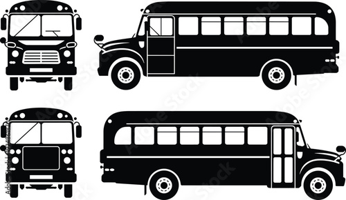 Vintage style school bus black silhouette with front, side and rear views isolated on white background