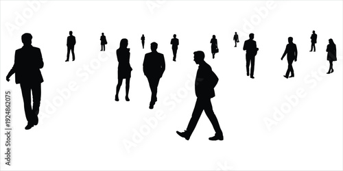 Silhouettes of diverse people walking and standing in a group on a white background vector illustration