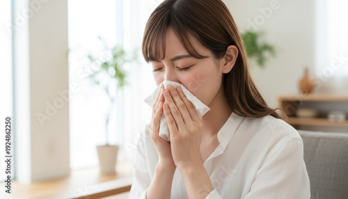 ティッシュで鼻をかむ女性：花粉症や風邪の症状で鼻をかむ若い女性の表情
