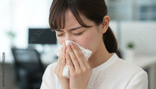 Wallpaper Mural ティッシュで鼻をかむ女性：花粉症や風邪の症状で鼻をかむ若い女性の表情 Torontodigital.ca