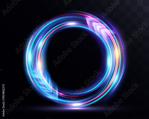 Circular glowing light trail with embedded abstract arrows, symbolizing speed of light, endless motion, energy circulation and futuristic digital power.
