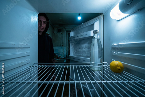 Man staring into an almost empty refrigerator with only a lemon and water bottle inside