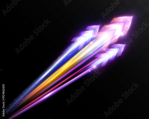 Three glowing multicolored light arrows flying upward with bright energy trails, symbolizing speed of light, rapid growth, acceleration and futuristic digital power.
