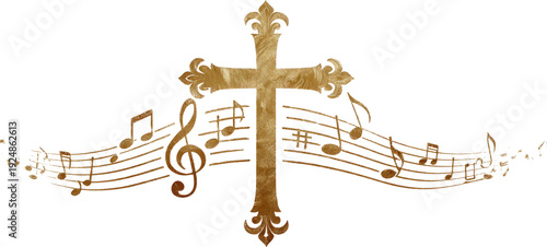 Harmonious Unity: A Golden Cross Adorned with Flowing Musical Notes on a Black Background
