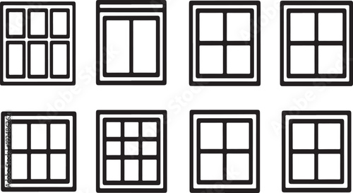 A collection of various window designs and styles in a simple black and white illustration Vector