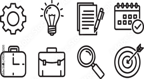 Icons representing various aspects of project management and planning Vector