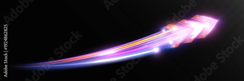 Bright glowing arrow formed by vibrant multicolored light beams, symbolizing speed of light, rapid motion, energy surge and futuristic digital acceleration.
