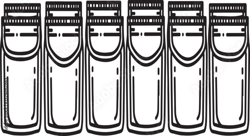 Six empty glass jars with black lids lined up in a row Vector