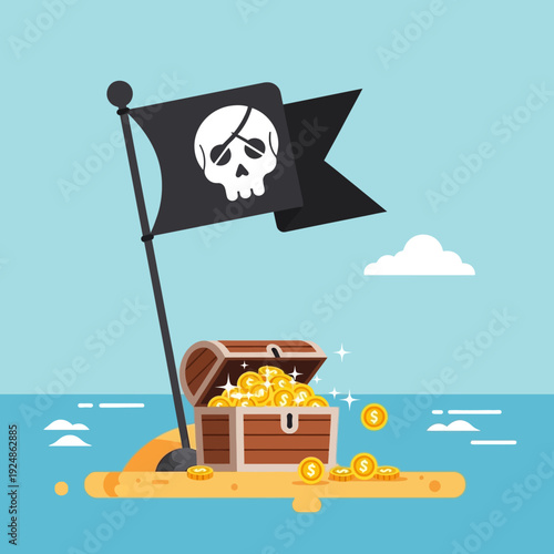 Pirate Treasure Chest Overflowing with Gold Coins on Desert Island with Skull Flag