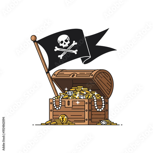 Pirate Treasure Chest with Jolly Roger Flag, Gold Coins, Diamonds, and Pearls