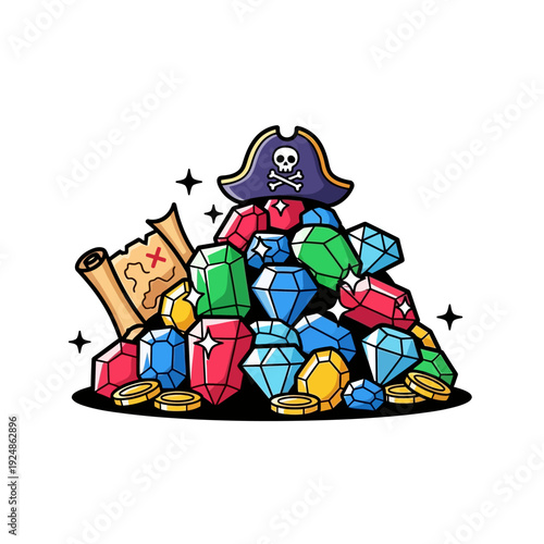 Pirate Treasure Chest: Jewels, Gold Coins, and Treasure Map Icon