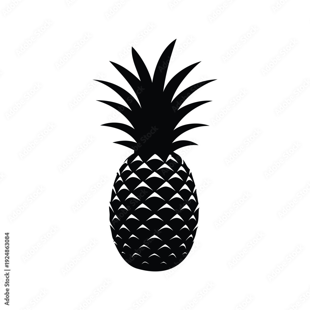 Obraz premium Black and white pineapple with spiky leaves silhouette vector illustration, pineapple silhouette vector illustration