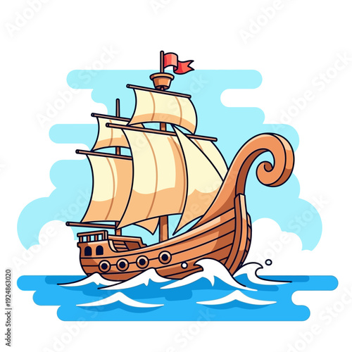 Antique wooden sailing ship with sails on wavy blue sea and clouds