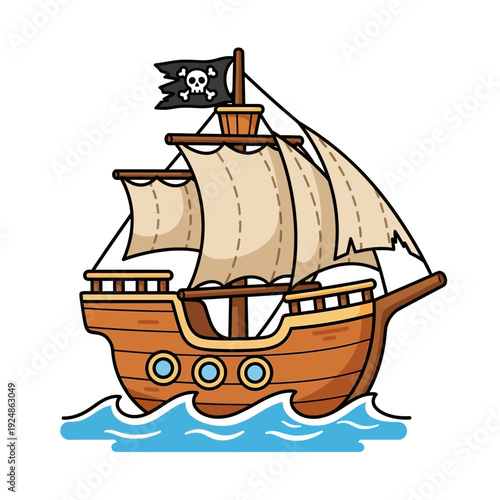 Cartoon Pirate Ship Sailing on Blue Waves with Jolly Roger Flag