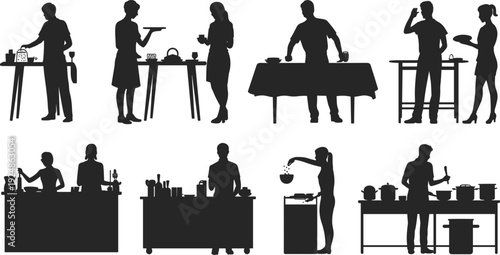 Silhouettes of people engaged in cooking and food preparation activities kitchen