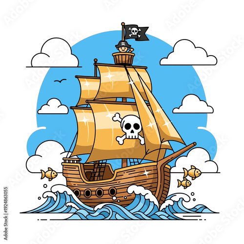 Cartoon Pirate Ship Sailing on Ocean Waves with Jolly Roger Flag and Skull