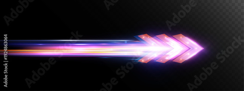 Bright horizontal light arrow formed by intense multicolored light beams and glowing speed trails on dark background, symbolizing lightspeed, rapid acceleration, energy flow and futuristic motion.
