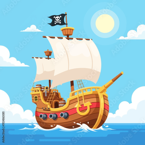 Cartoon Pirate Ship Sailing on the Ocean Under a Sunny Sky with Clouds
