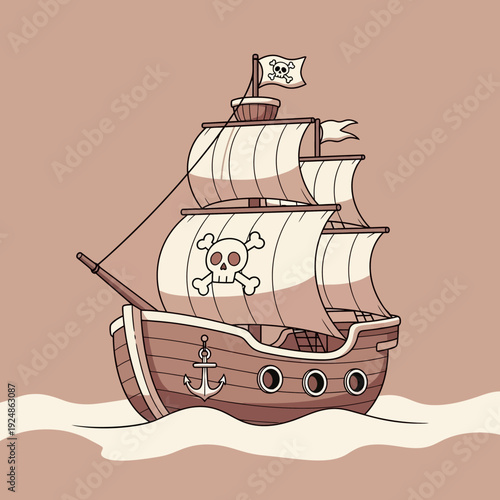 Cartoon Pirate Ship Sailing on Water with Jolly Roger Flag and Skull Symbol