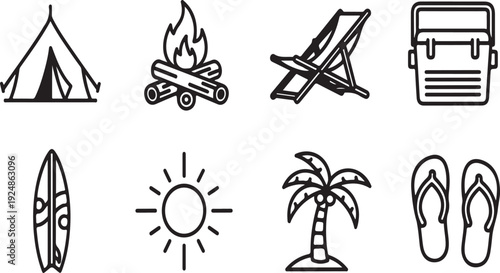Illustrations of popular summer vacation activities and items Vector