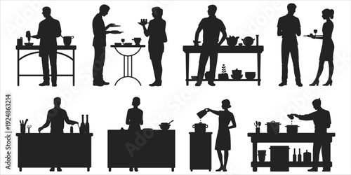 Silhouettes of people preparing and serving food at tables in a kitchen setting cooking