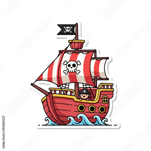 Cute cartoon pirate ship with jolly roger flag and sailor illustration