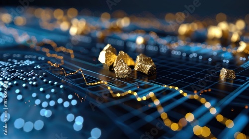 Close-Up View of Gold Nuggets on Financial Graphs with Data Points and Trend Lines Reflecting Market Analysis