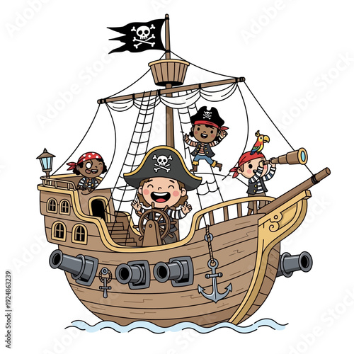 Happy Children Pirates on a Wooden Ship Sailing the Sea
