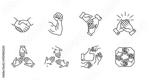 A collection of diverse hand gesture line vector icons illustrating concepts of teamwork, strength, agreement, support, and community engagement for various graphic designs.