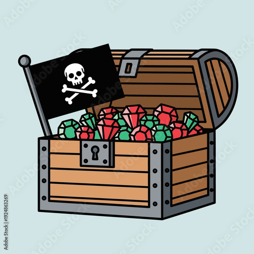 Open Treasure Chest Filled With Jewels and Pirate Flag
