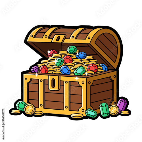 Open Treasure Chest Overflowing with Gold Coins and Colorful Gemstones