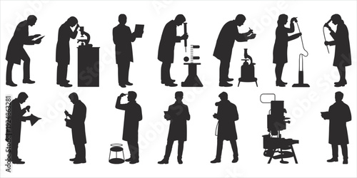 Silhouettes of scientists working with laboratory equipment on white background science research
