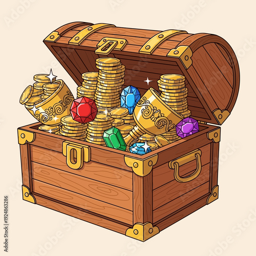 Open Treasure Chest Overflowing with Gold Coins and Gemstones