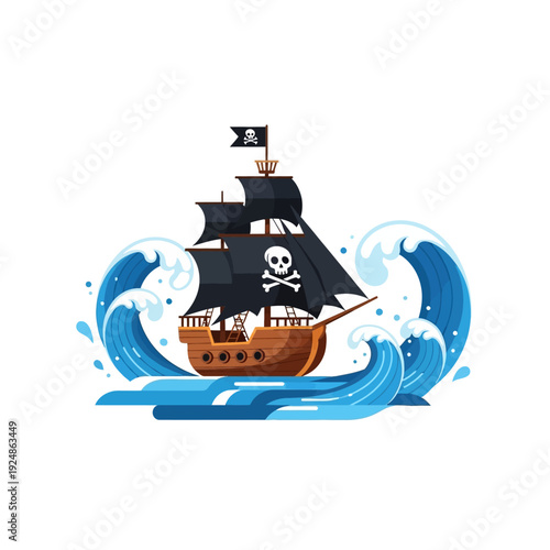 Pirate Ship Sailing Through Rough Ocean Waves with Jolly Roger Flag