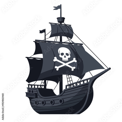 Pirate Ship Sailing with Jolly Roger Flag - Vector Illustration