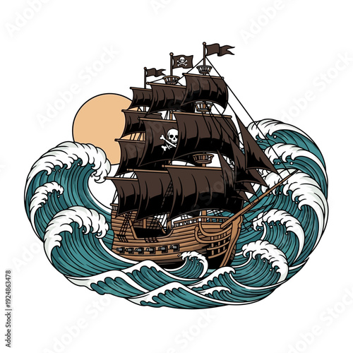 Pirate Ship Sailing Through Crashing Waves Under Setting Sun