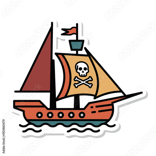 Pirate Ship Sticker with Jolly Roger Flag, Nautical Adventure
