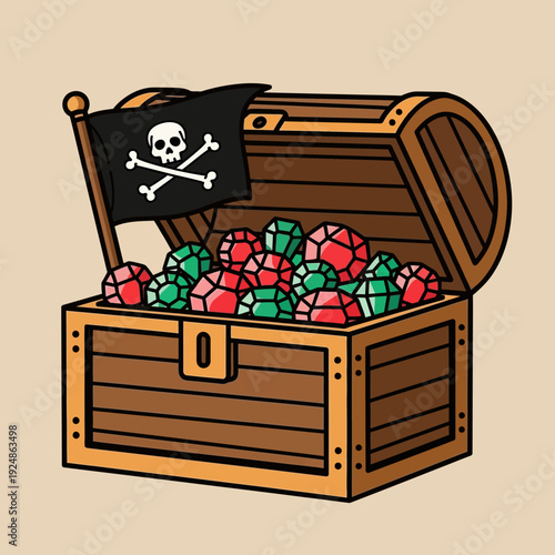 Pirate Treasure Chest Filled with Jewels and Jolly Roger Flag Illustration