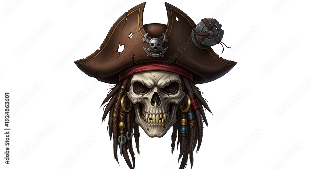 Fototapeta premium Pirate skull wearing a brown pirate hat with a red band and a small skull on top isolated on transparent background